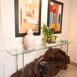 Sheesham live edge console with glass top