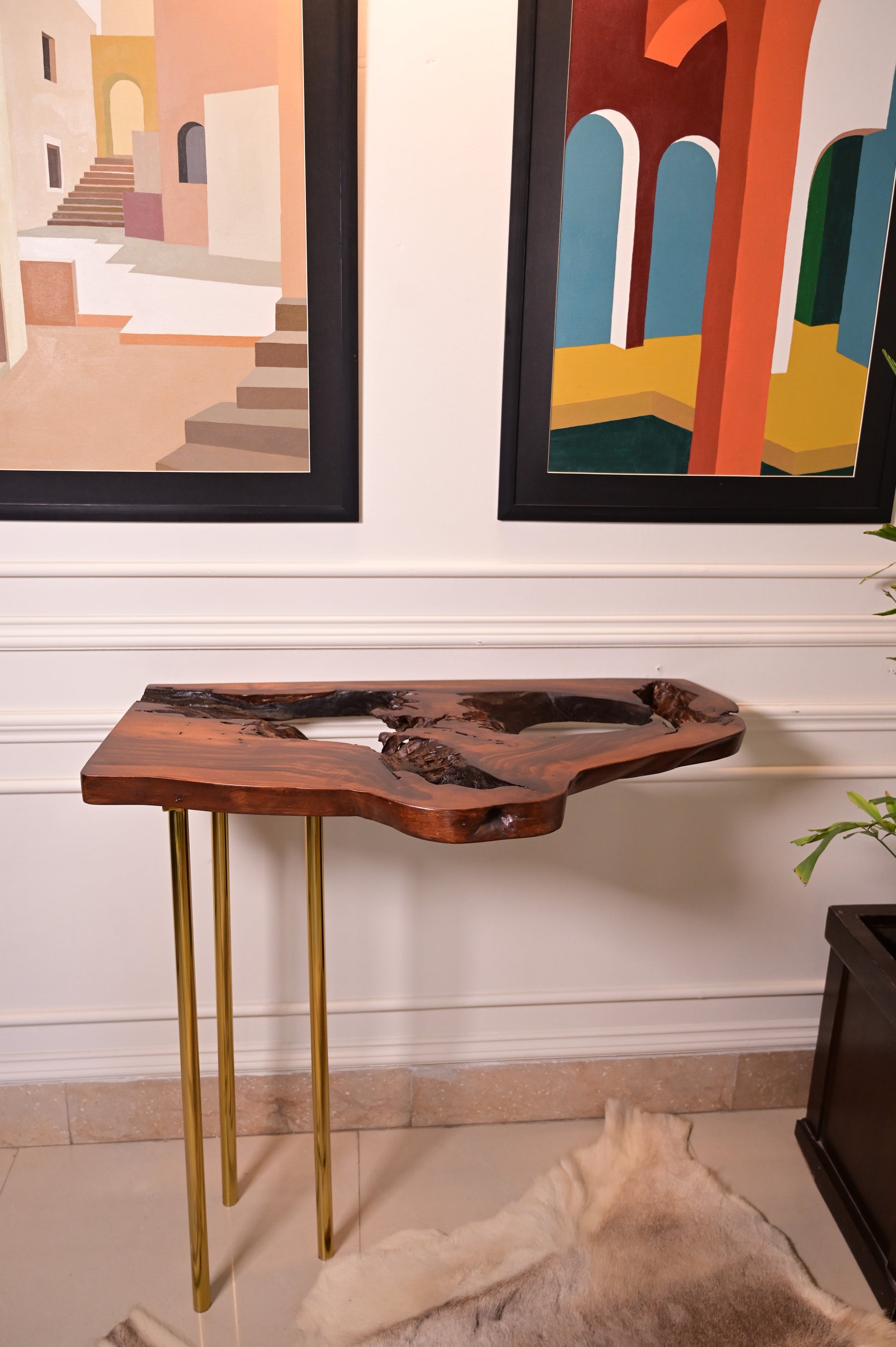 Sheesham live edge hanging console with 3 golden stainless steel metal legs