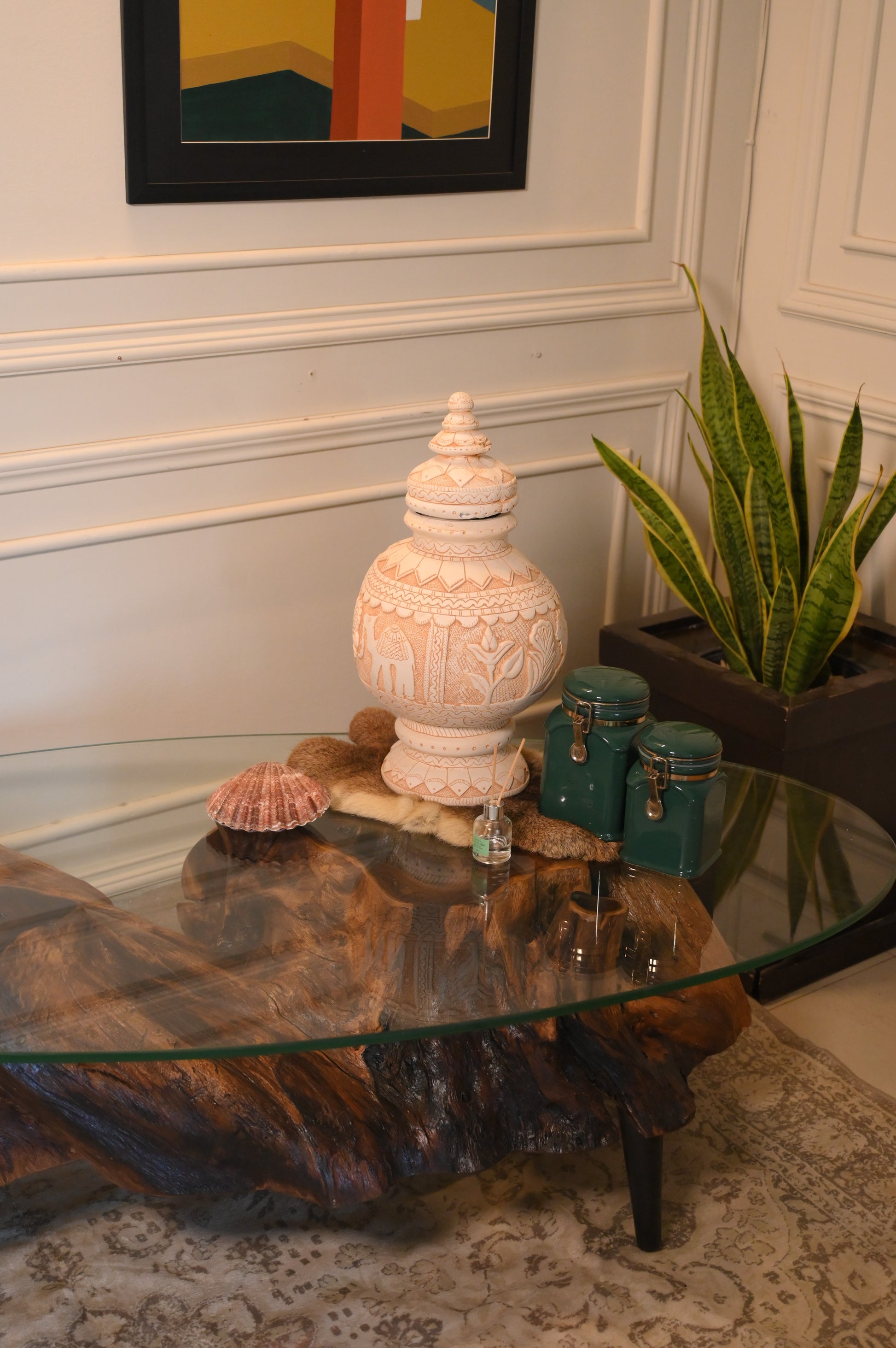 Sheesham centre table with oval glass top