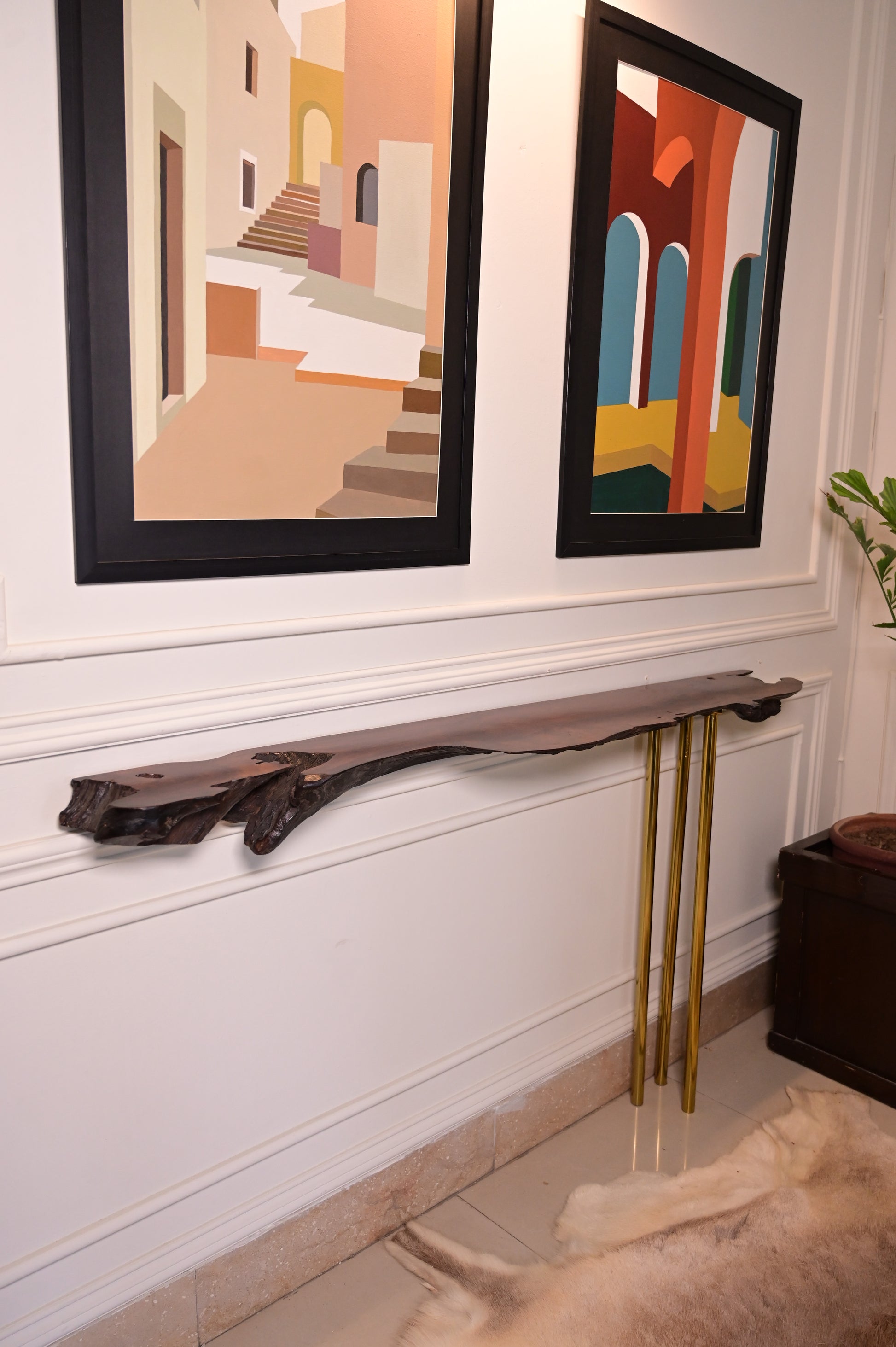 Sheesham hanging console with 3 stainless steel metal legs