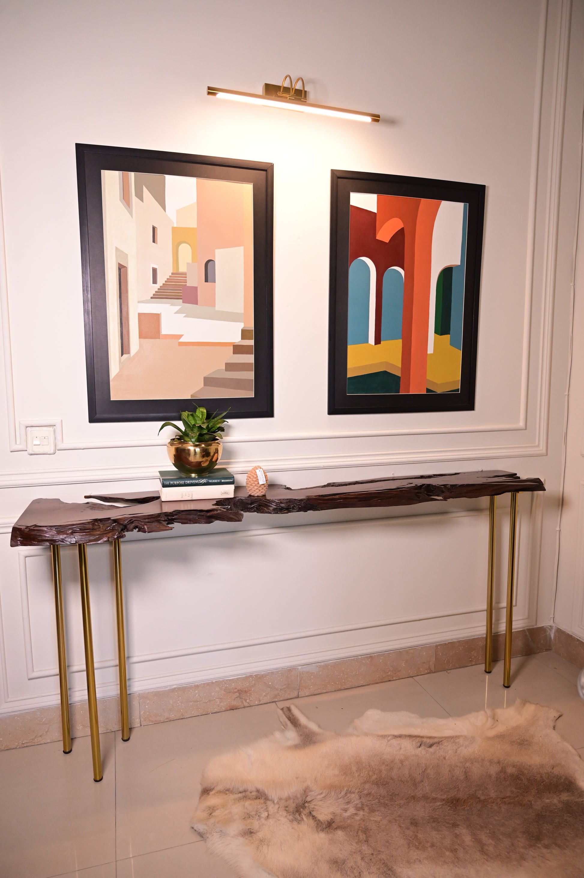 Live edge console with 5 golden stainless steel legs