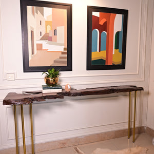 Live edge console with 5 golden stainless steel legs