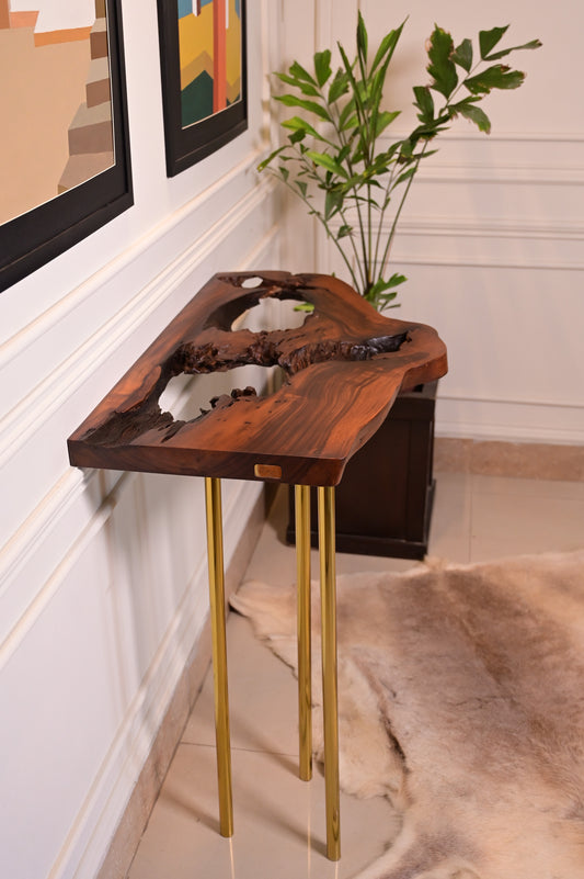 Sheesham live edge hanging console with 3 golden stainless steel metal legs