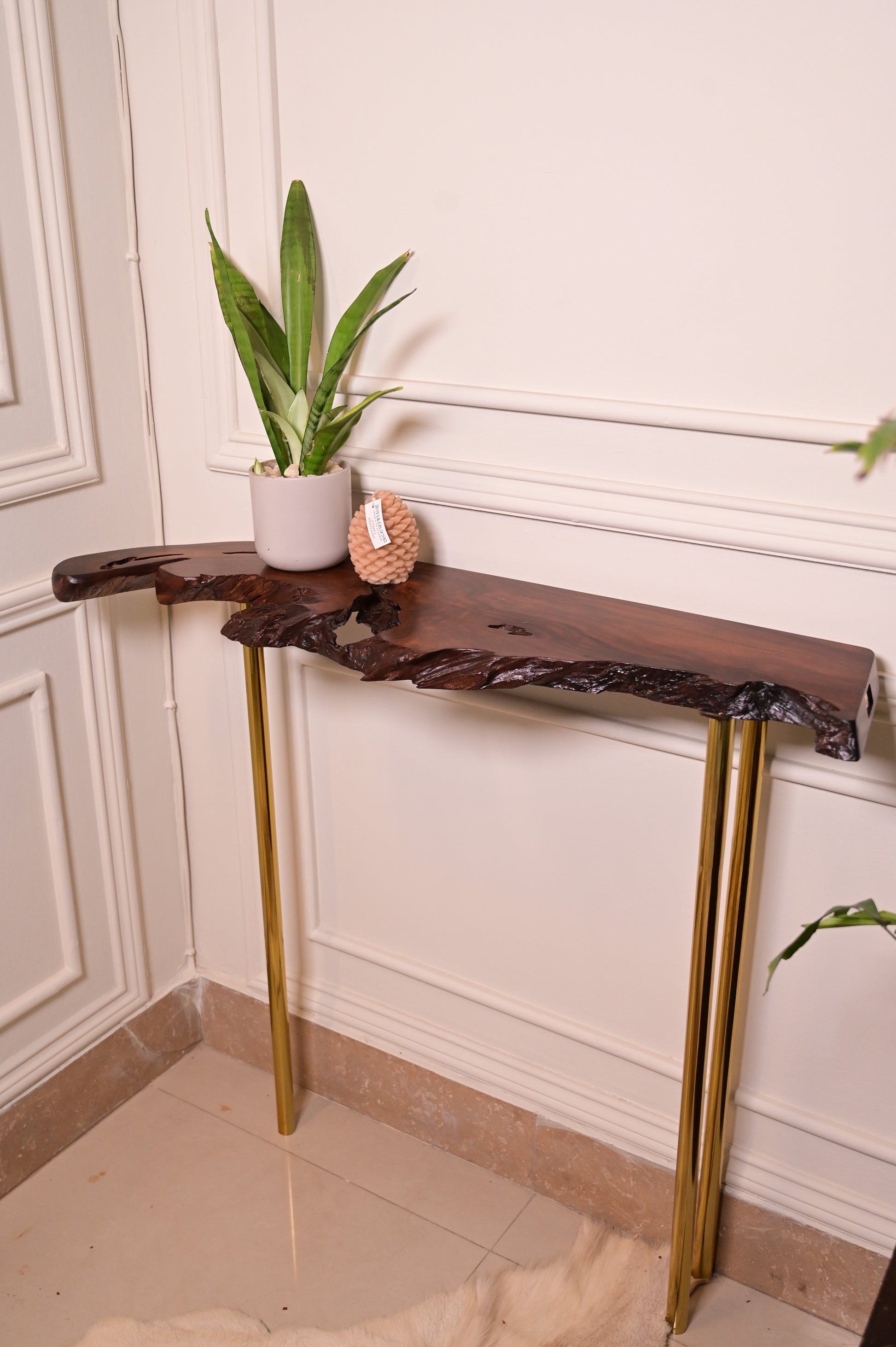 Sheesham console with 3 stainless steel metal legs