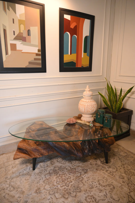 Sheesham centre table with oval glass top