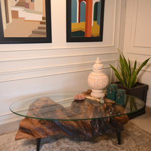 Sheesham centre table with oval glass top