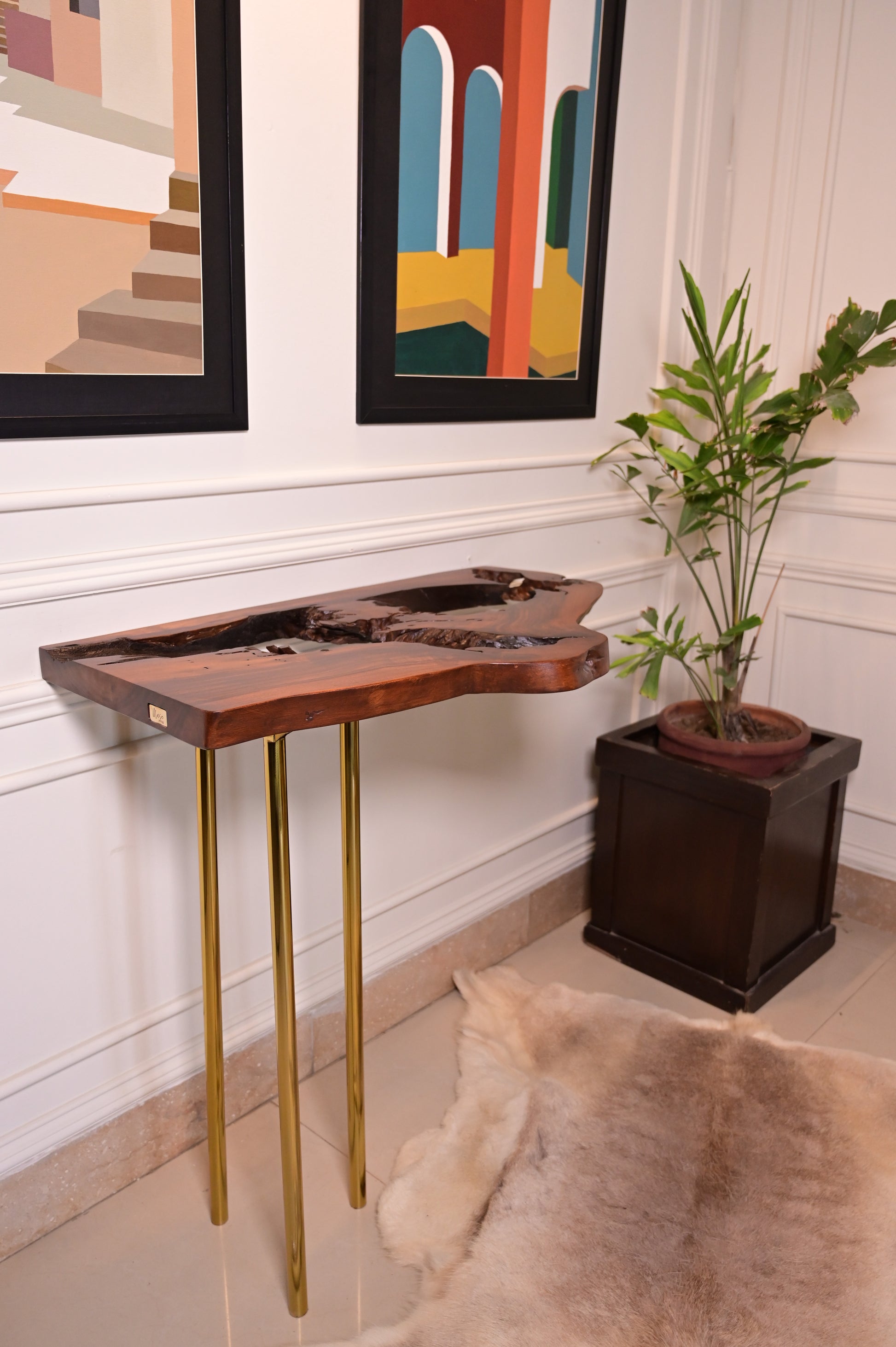 Sheesham live edge hanging console with 3 golden stainless steel metal legs