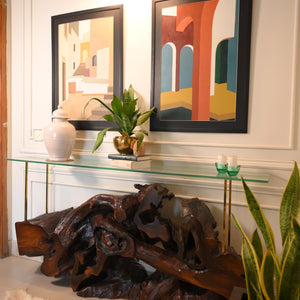 Sheesham live edge console with glass top
