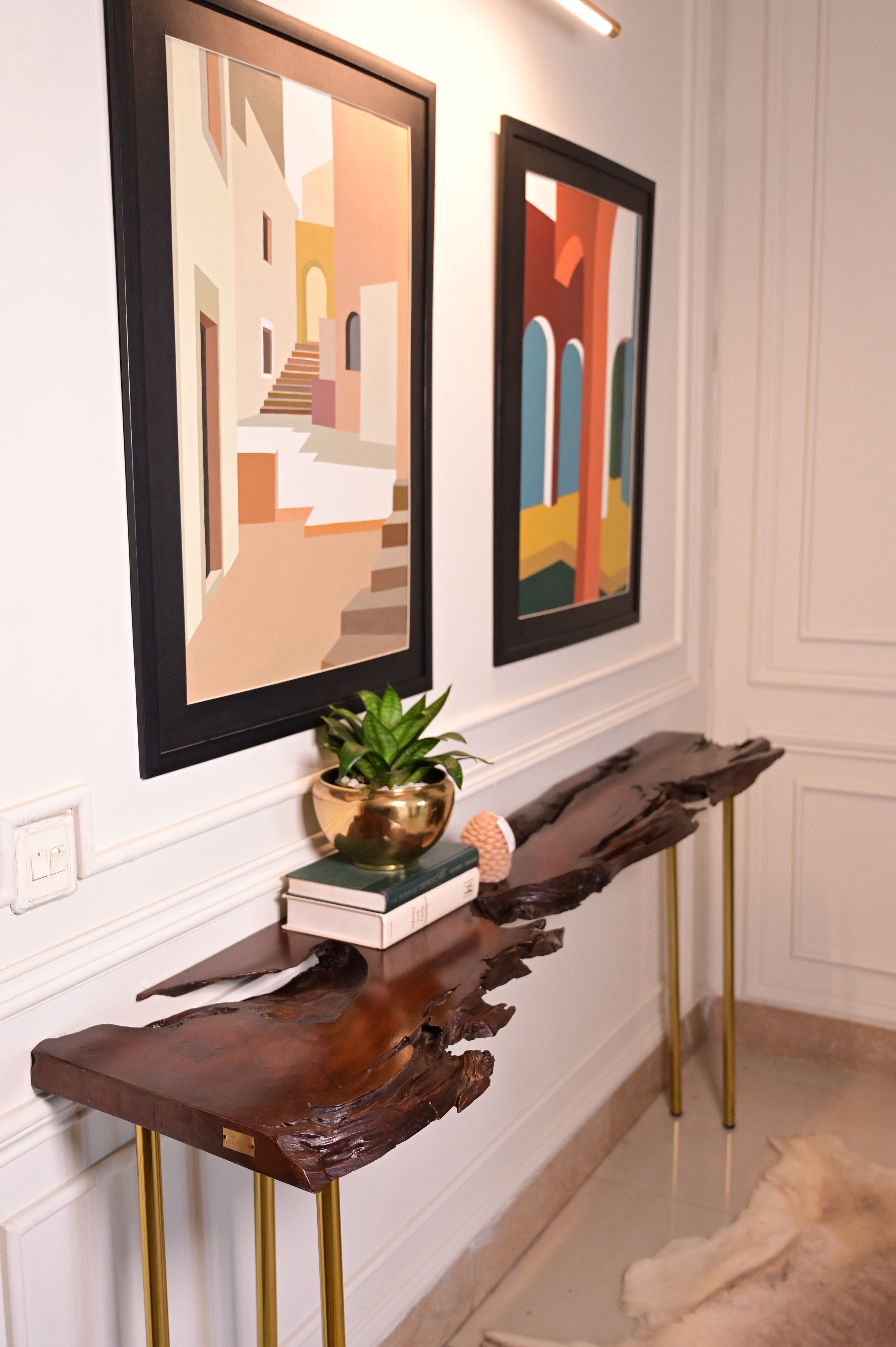 Live edge console with 5 golden stainless steel legs