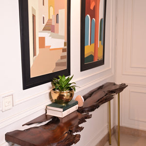 Live edge console with 5 golden stainless steel legs