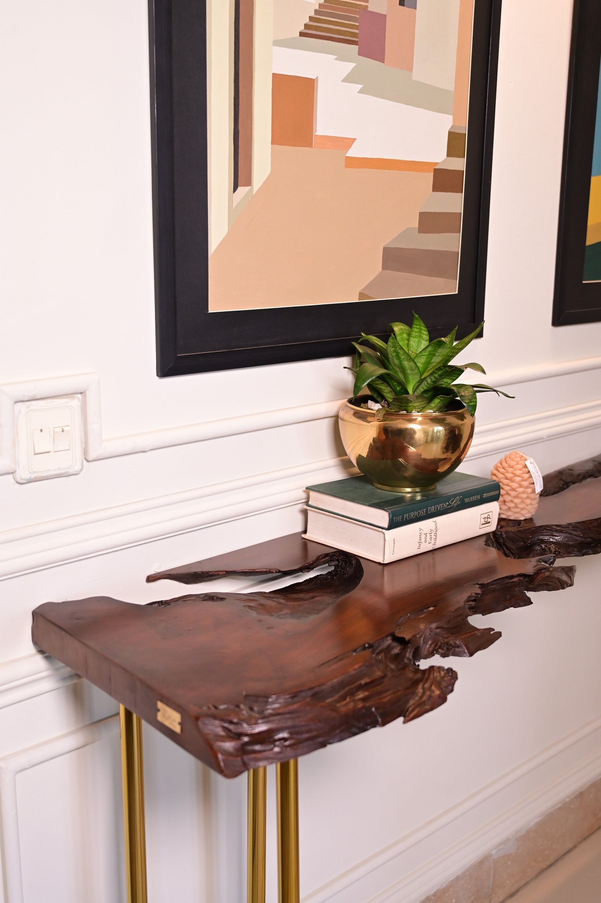Live edge console with 5 golden stainless steel legs