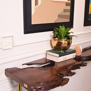Live edge console with 5 golden stainless steel legs