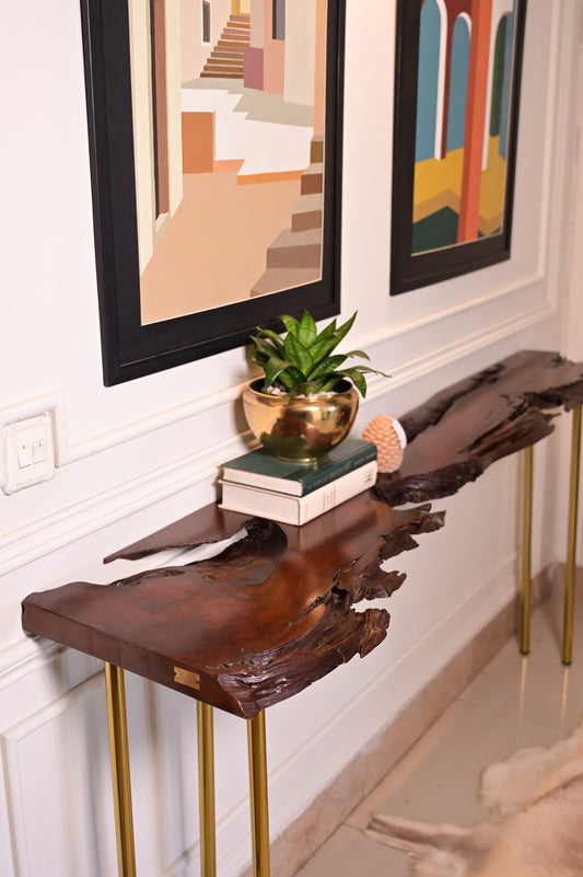 Live edge console with 5 golden stainless steel legs