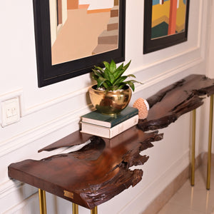 Live edge console with 5 golden stainless steel legs