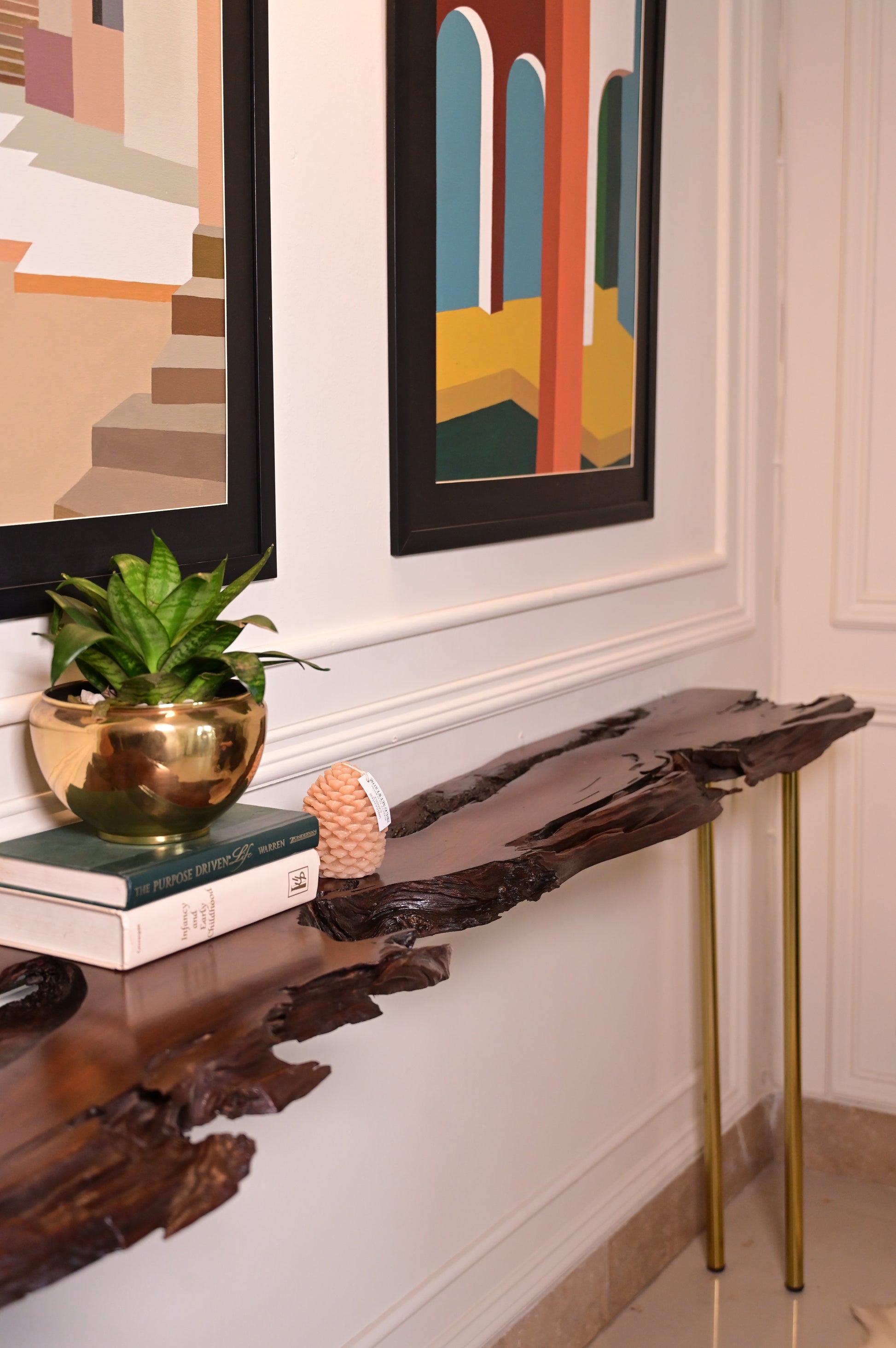 Live edge console with 5 golden stainless steel legs