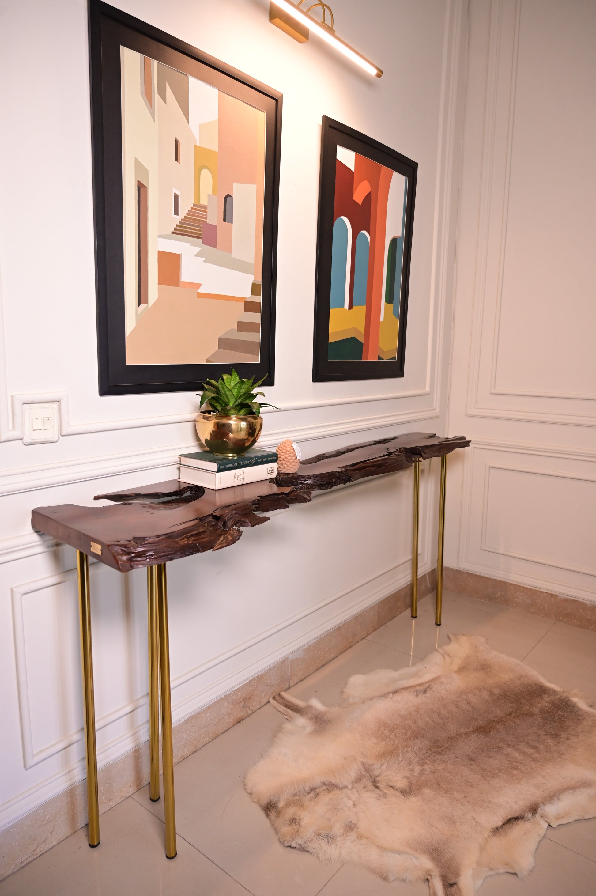 Live edge console with 5 golden stainless steel legs