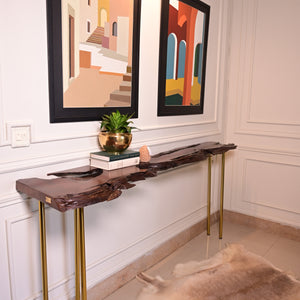 Live edge console with 5 golden stainless steel legs