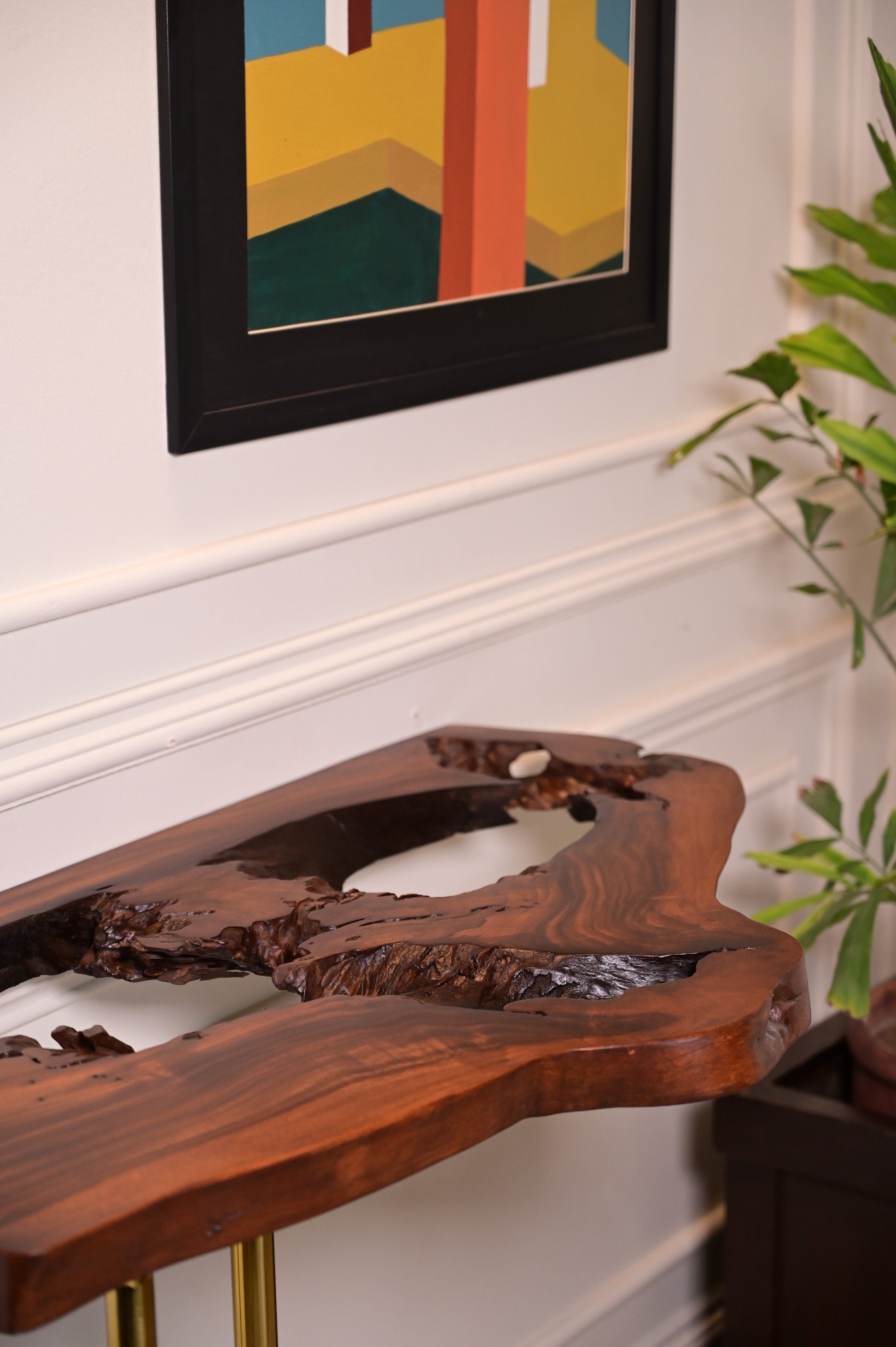 Sheesham live edge hanging console with 3 golden stainless steel metal legs