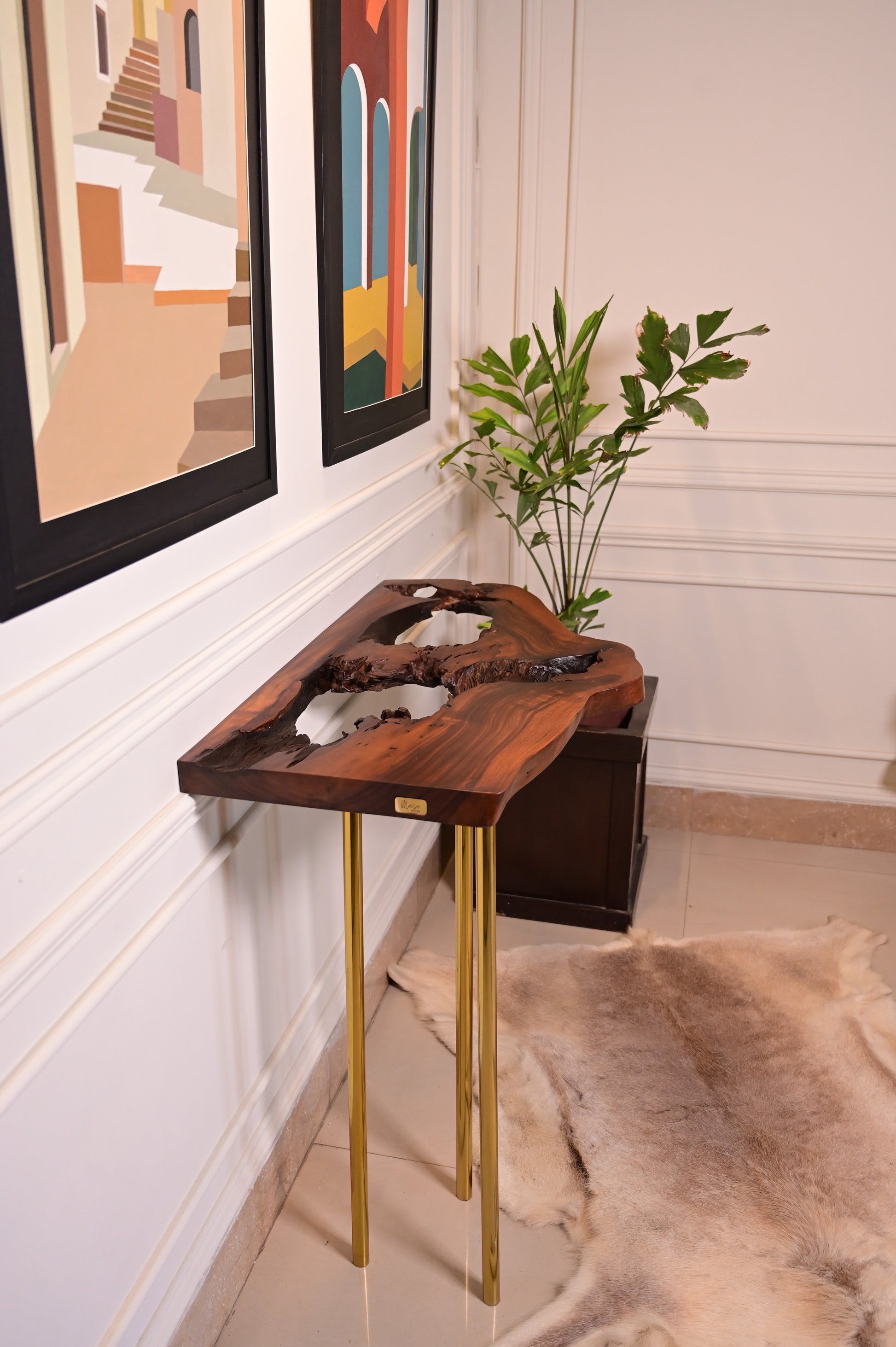 Sheesham live edge hanging console with 3 golden stainless steel metal legs