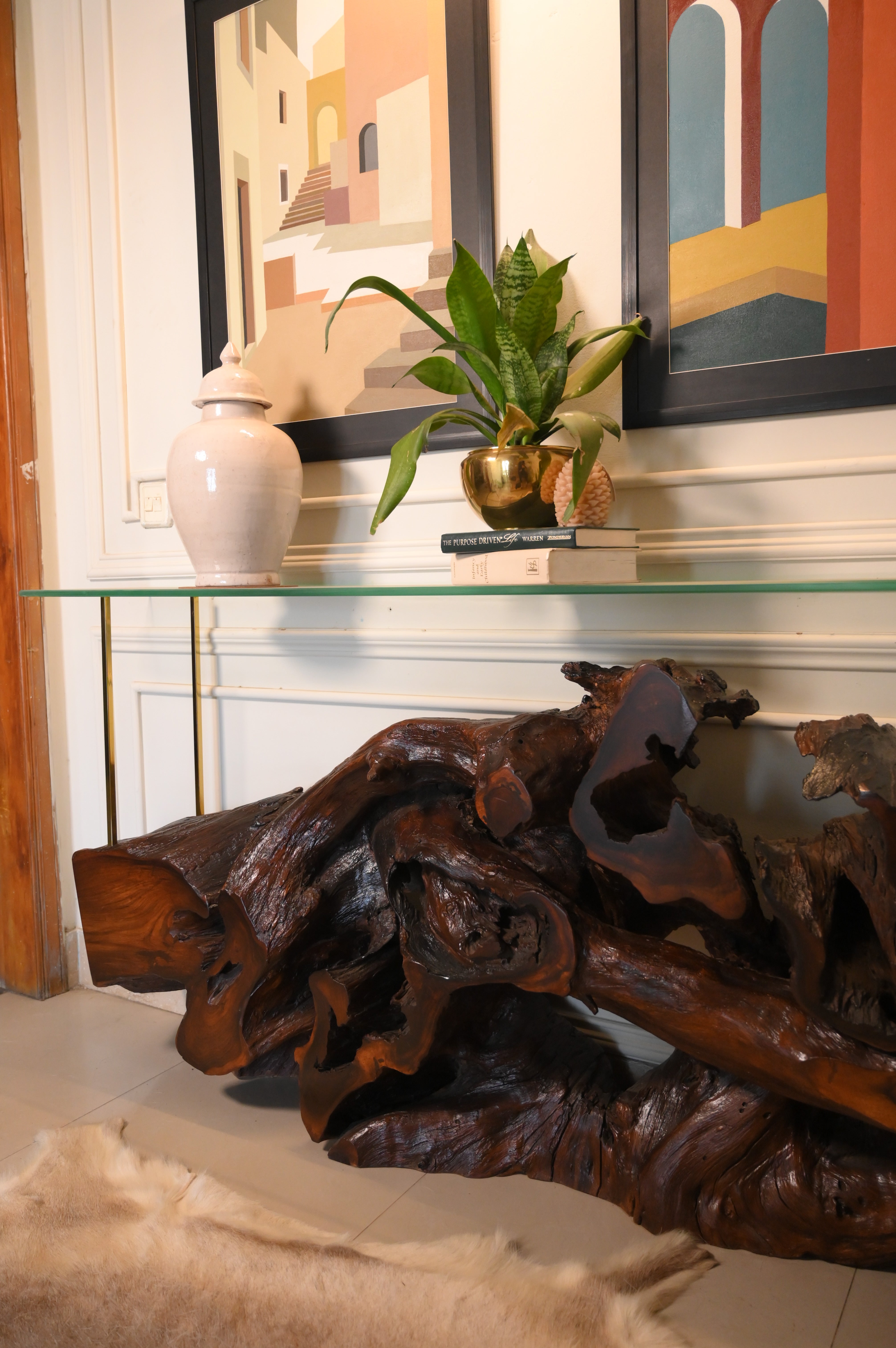 Sheesham live edge console with glass top