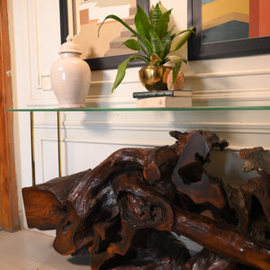 Sheesham live edge console with glass top