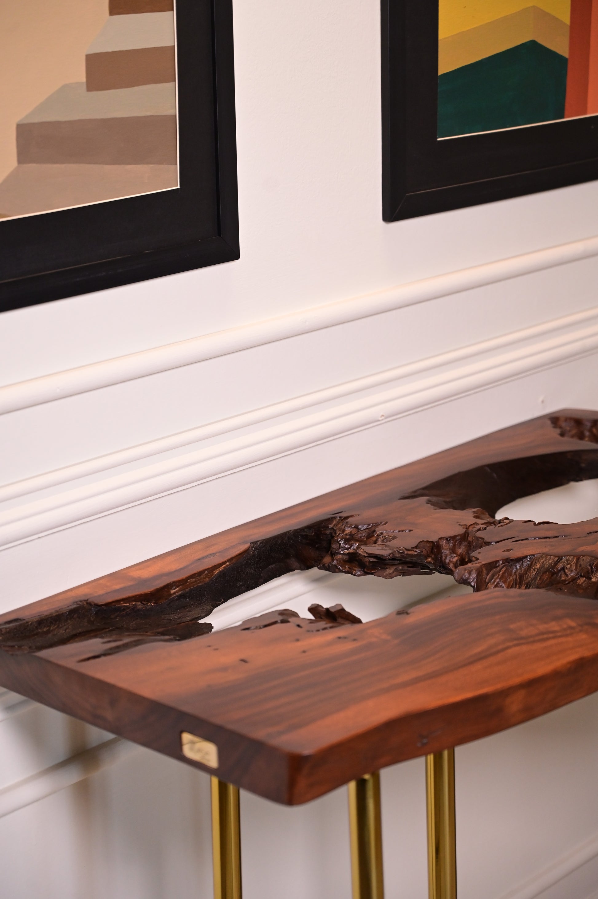 Sheesham live edge hanging console with 3 golden stainless steel metal legs