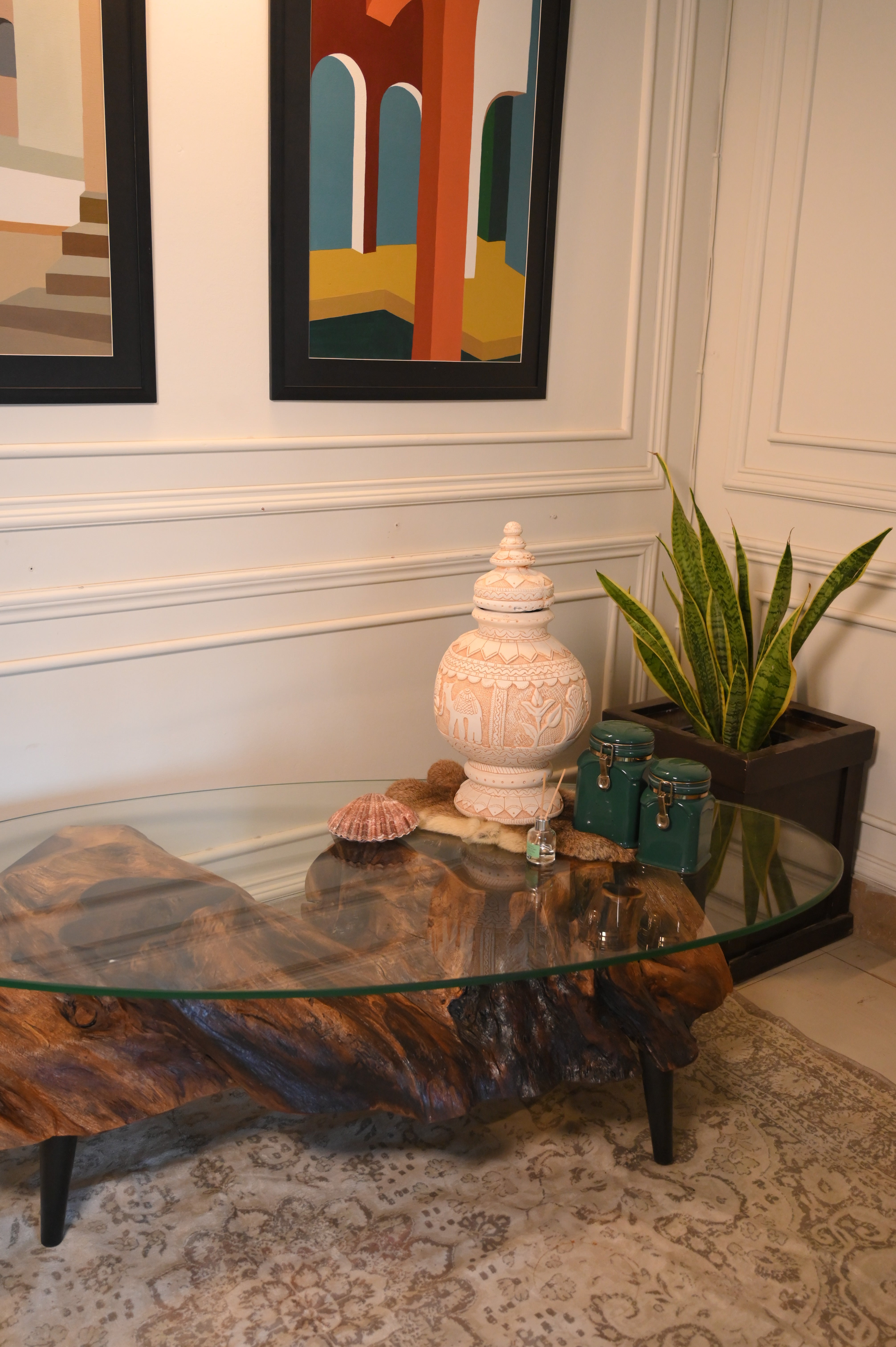 Sheesham centre table with oval glass top
