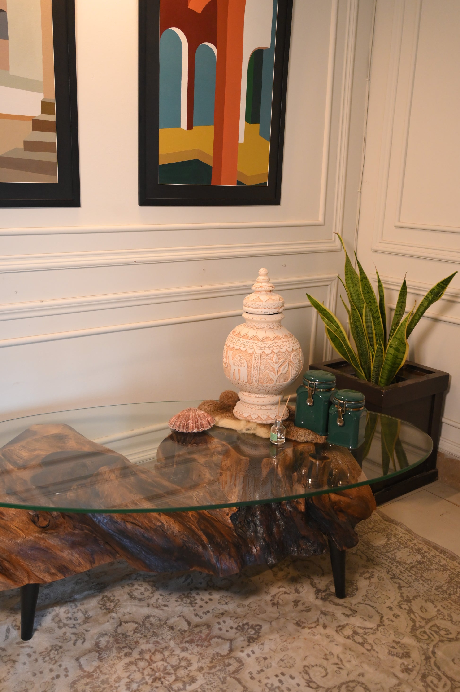 Sheesham centre table with oval glass top