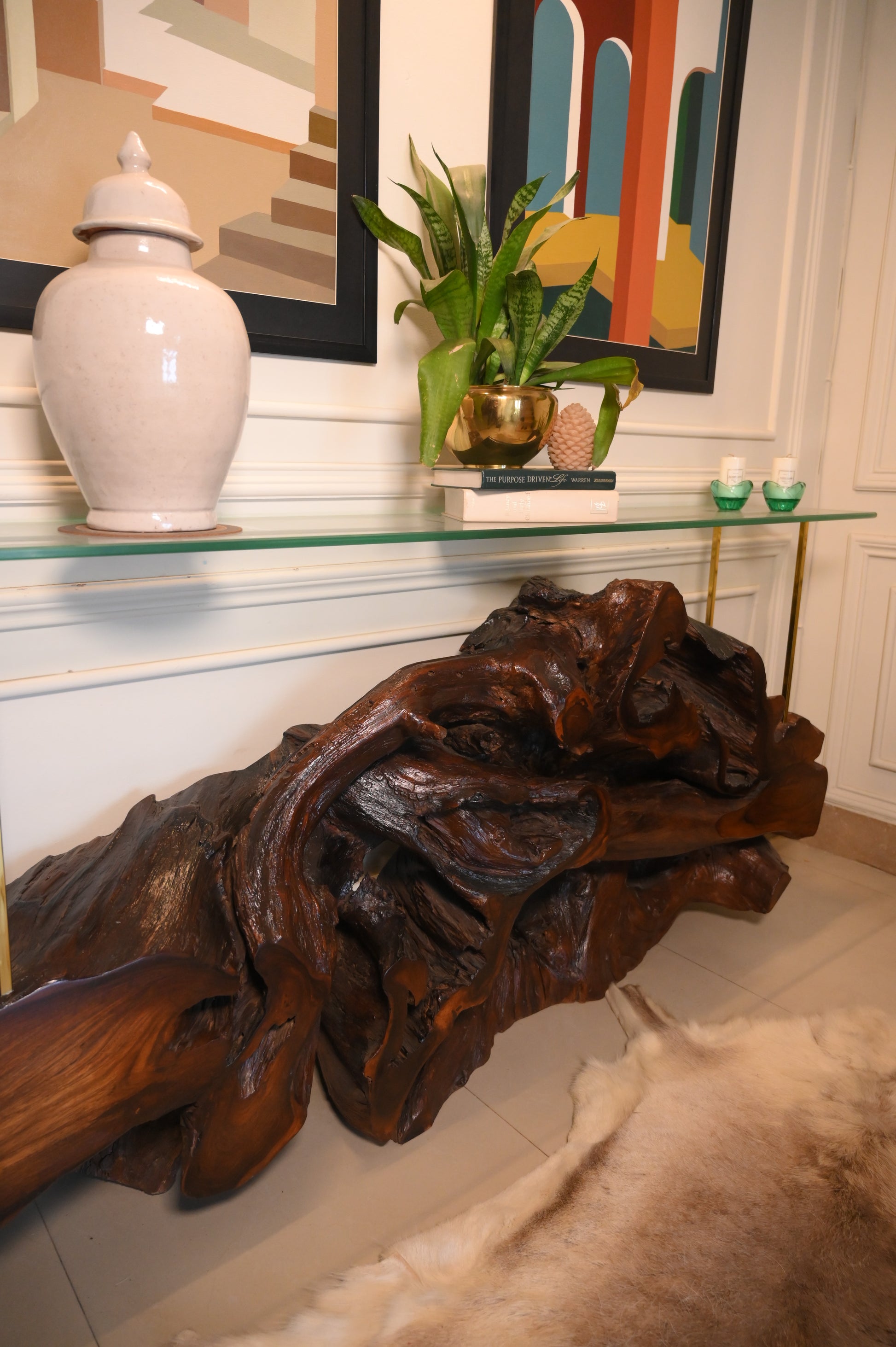 Sheesham live edge console with glass top
