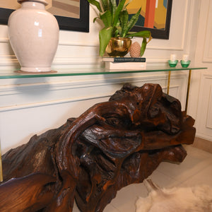 Sheesham live edge console with glass top