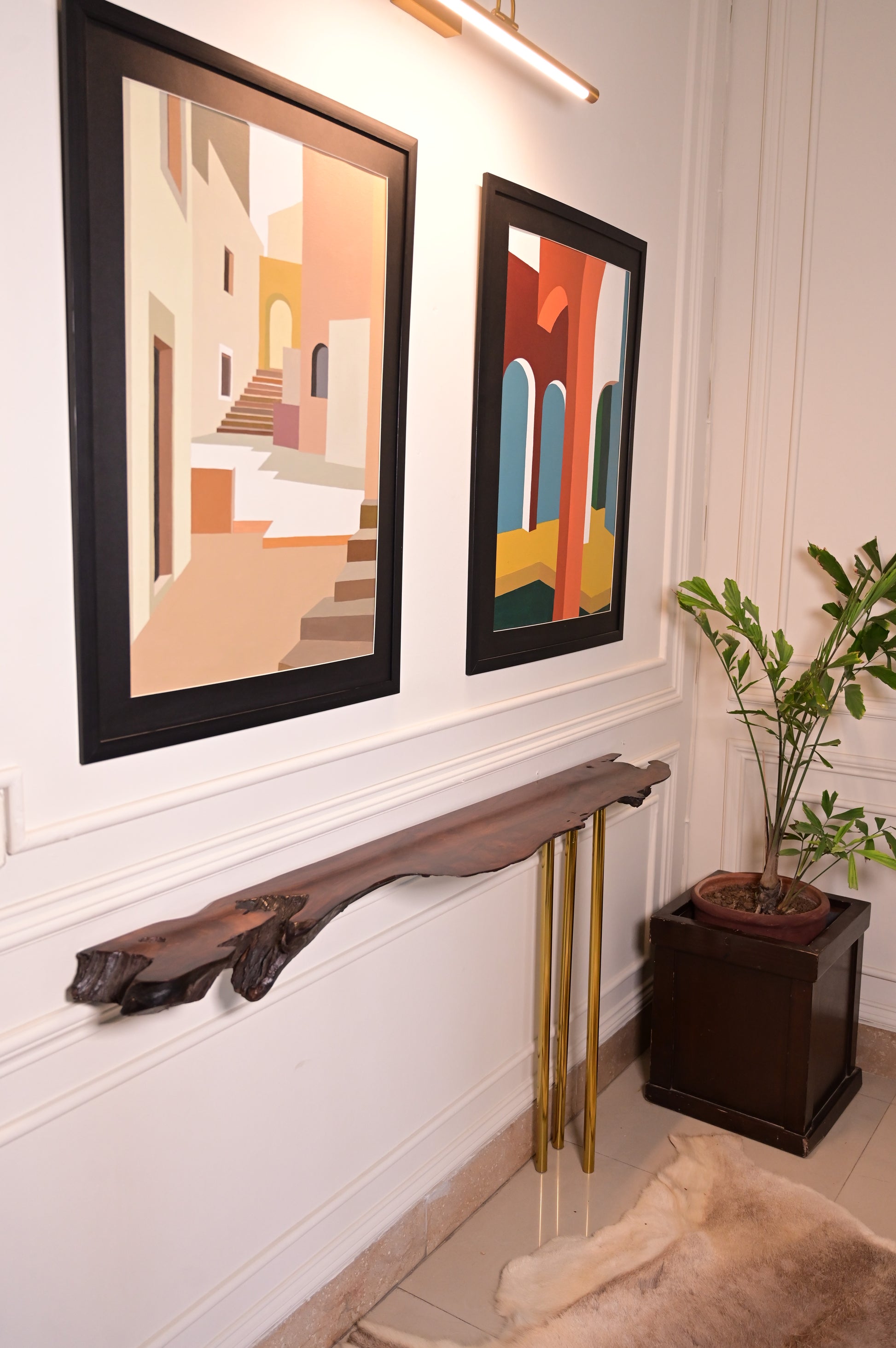 Sheesham hanging console with 3 stainless steel metal legs