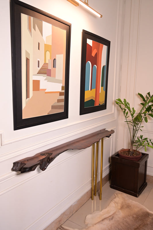 Sheesham hanging console with 3 stainless steel metal legs