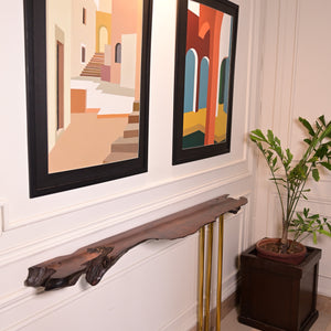 Sheesham hanging console with 3 stainless steel metal legs