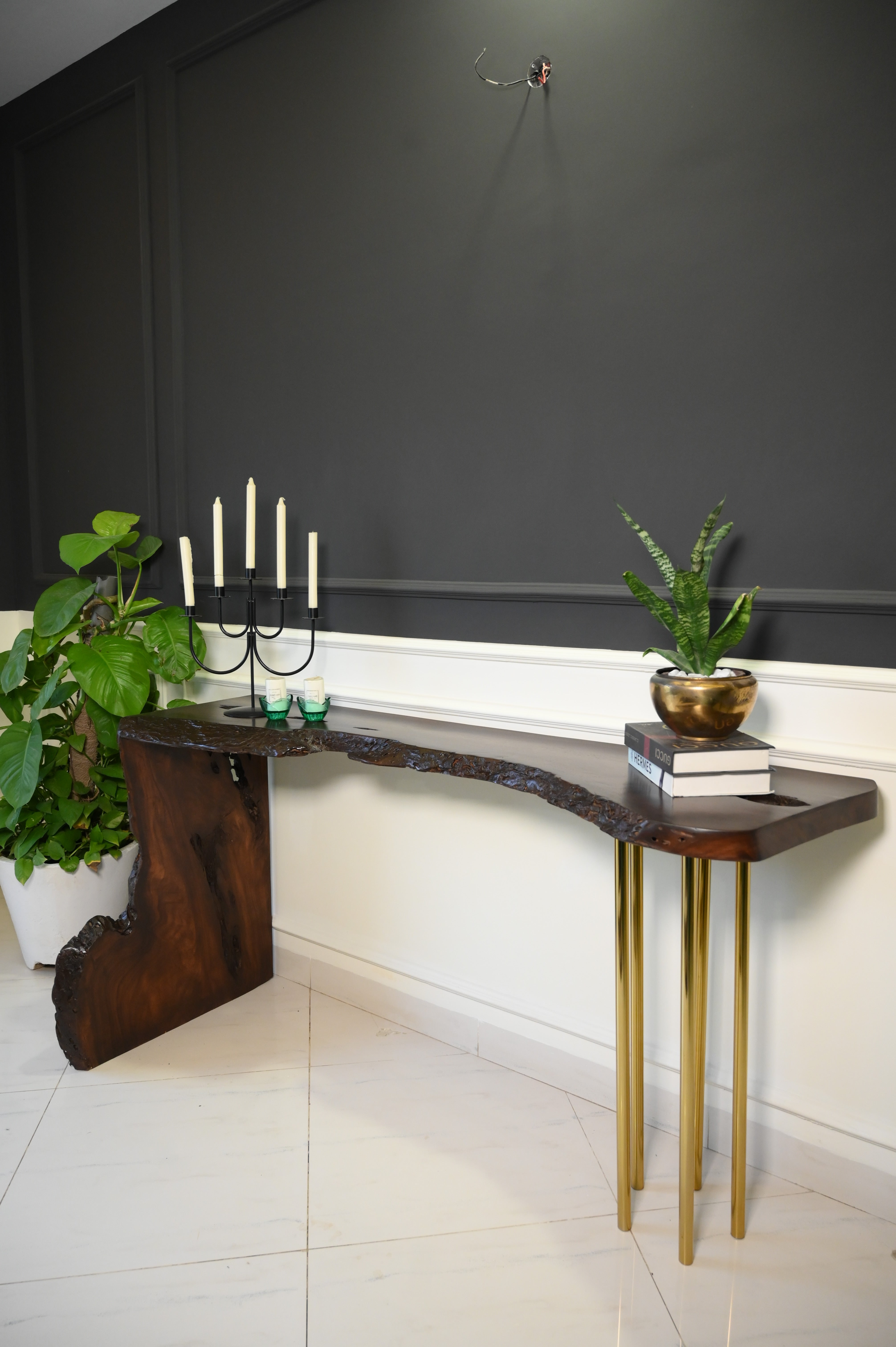 Sheesham L Shape Console With Golden Legs