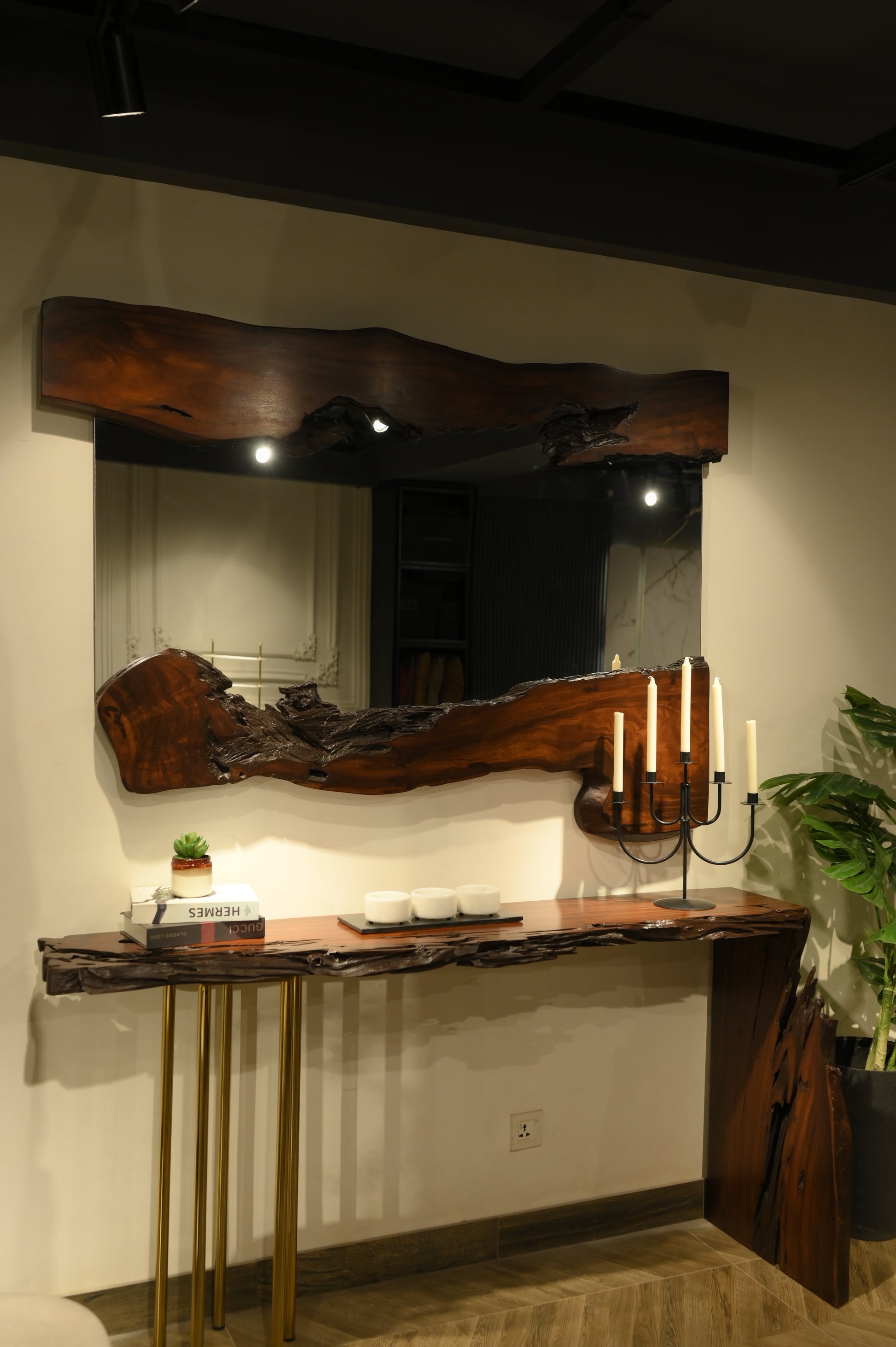 Sheesham L Shape Console With Golden Legs