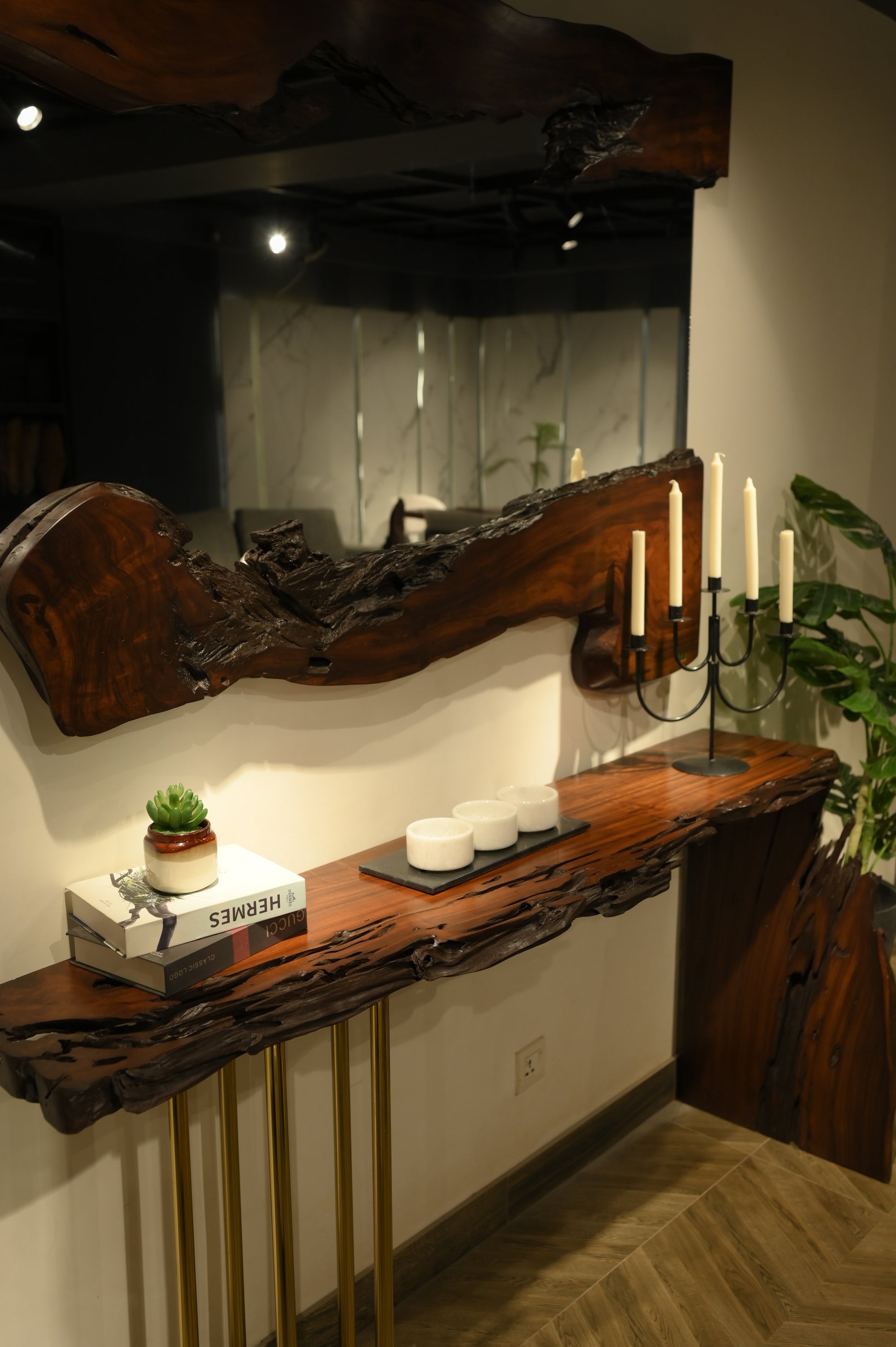 Sheesham L Shape Console With Golden Legs