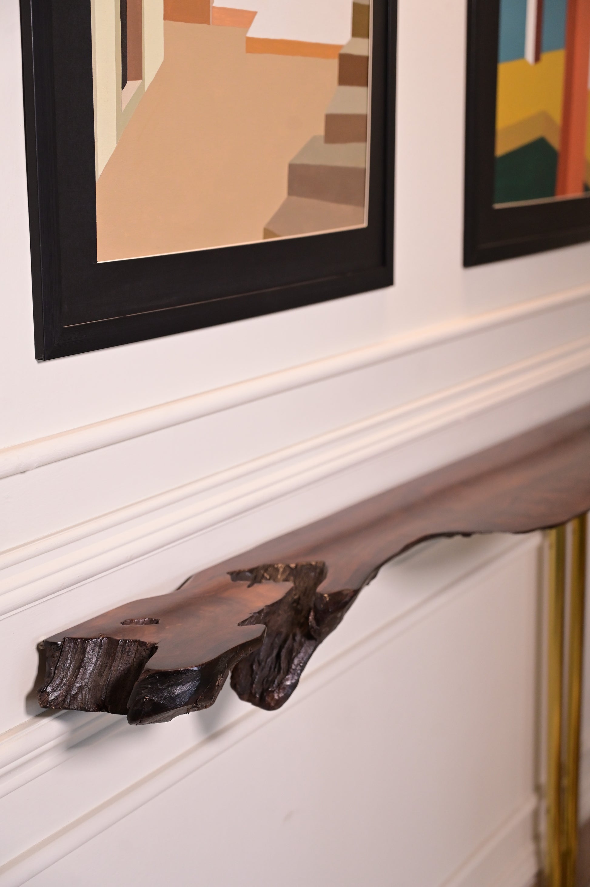 Sheesham hanging console with 3 stainless steel metal legs